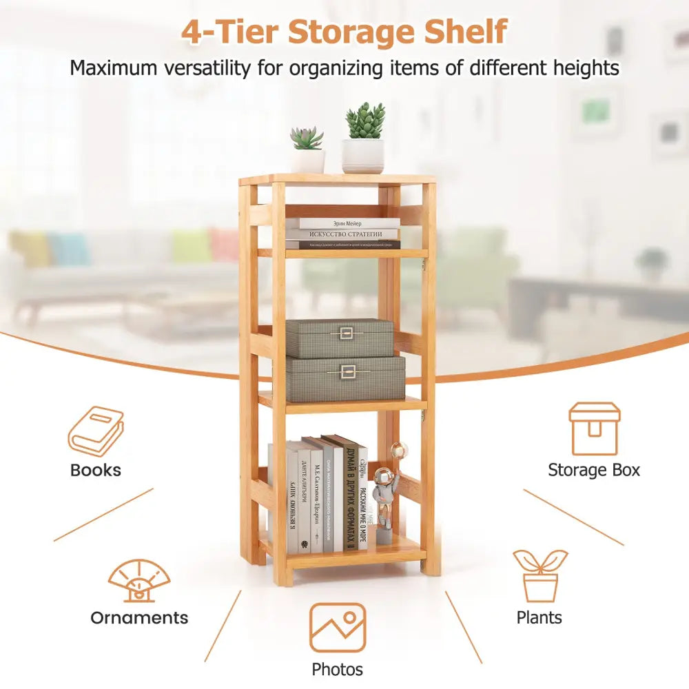 4-Tier Bookshelf Rubber Wood Bookcase with Side Fences for Living Room-14 inches - Natural - Bookcases