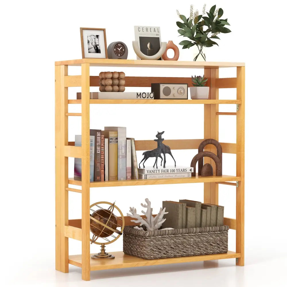 4-Tier Bookshelf Rubber Wood Bookcase with Side Fences for Living Room-29.5 inches - Natural - Bookcases