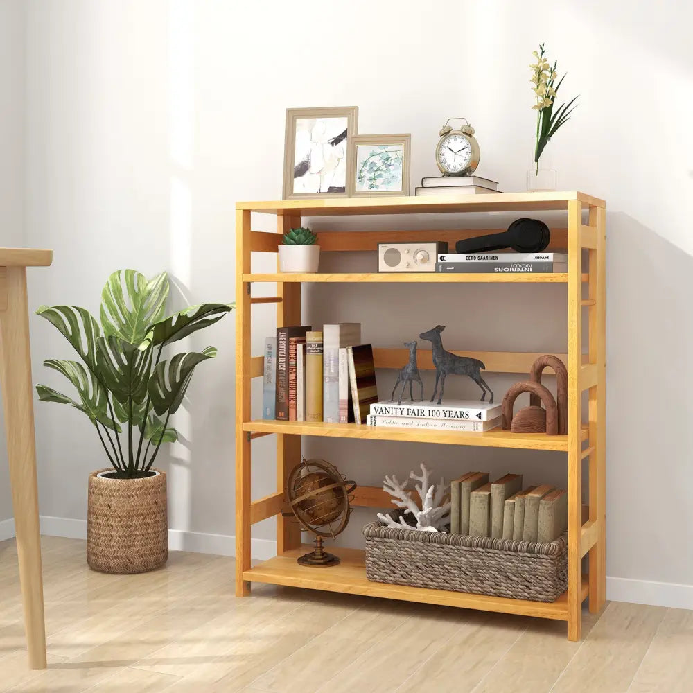 4-Tier Bookshelf Rubber Wood Bookcase with Side Fences for Living Room-29.5 inches - Natural - Bookcases