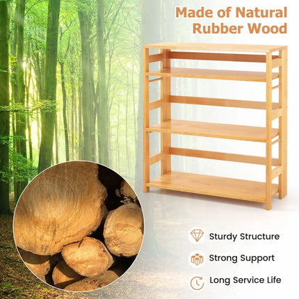 4-Tier Bookshelf Rubber Wood Bookcase with Side Fences for Living Room-29.5 inches Costway