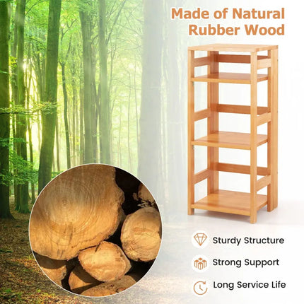 4-Tier Bookshelf Rubber Wood Bookcase with Side Fences for Living Room-14 inches Costway