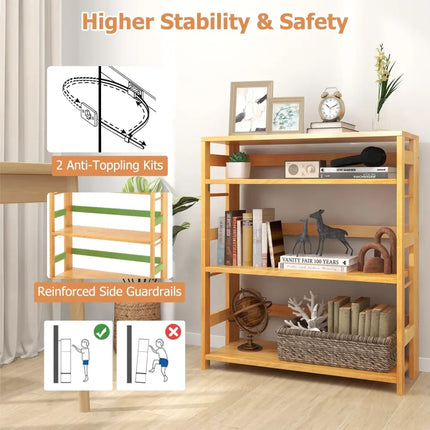4-Tier Bookshelf Rubber Wood Bookcase with Side Fences for Living Room-29.5 inches Costway
