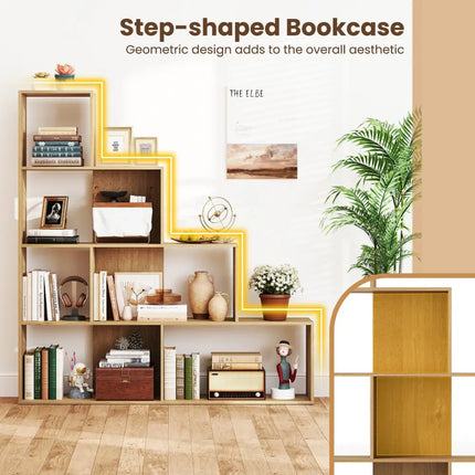 4-Tier Bookshelf Stair Bookcase with 6 Cubes Display Rack-Natural - Natural - Bookcases
