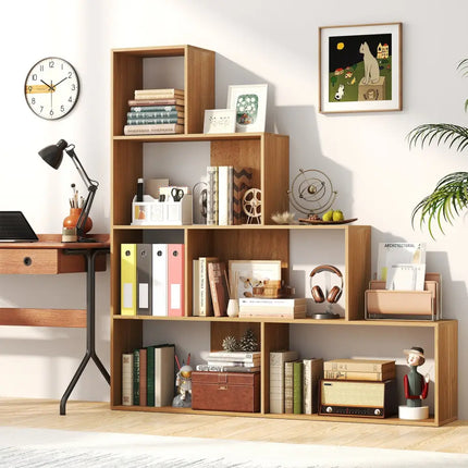 4-Tier Bookshelf Stair Bookcase with 6 Cubes Display Rack-Natural - Natural - Bookcases
