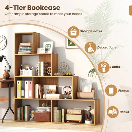 4-Tier Bookshelf Stair Bookcase with 6 Cubes Display Rack-Natural - Natural - Bookcases