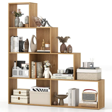 4-Tier Bookshelf Stair Bookcase with 6 Cubes Display Rack-Natural - Natural - Bookcases