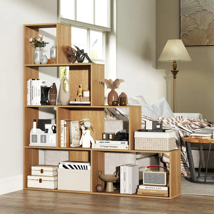 4-Tier Bookshelf Stair Bookcase with 6 Cubes Display Rack-Natural - Natural - Bookcases