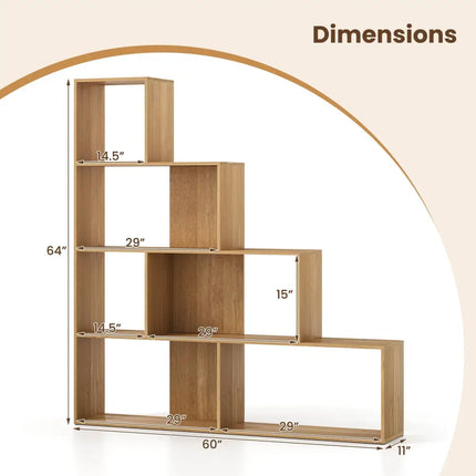 4-Tier Bookshelf Stair Bookcase with 6 Cubes Display Rack-Natural - Natural - Bookcases