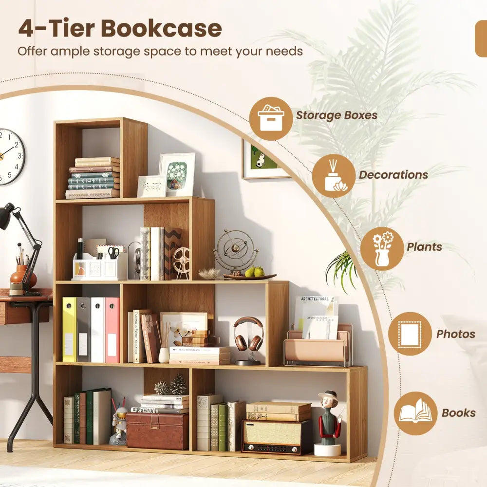 4-Tier Bookshelf Stair Bookcase with 6 Cubes Display Rack-Natural - Natural - Bookcases