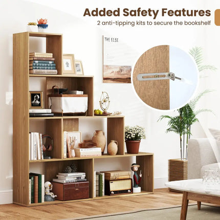 4-Tier Bookshelf Stair Bookcase with 6 Cubes Display Rack-Natural - Natural - Bookcases