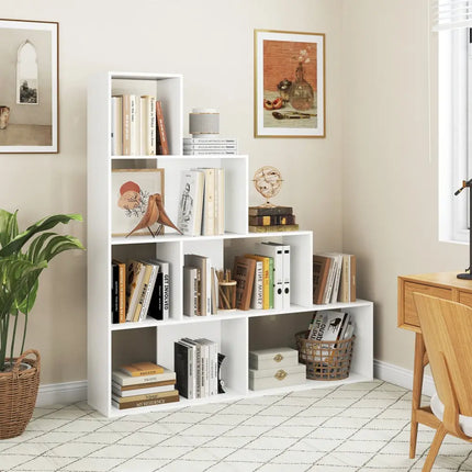 4-Tier Bookshelf Stair Bookcase with 6 Cubes Display Rack-White - White - Bookcases