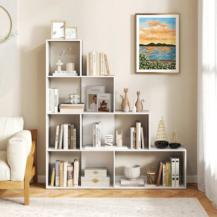 4-Tier Bookshelf Stair Bookcase with 6 Cubes Display Rack-White - White - Bookcases