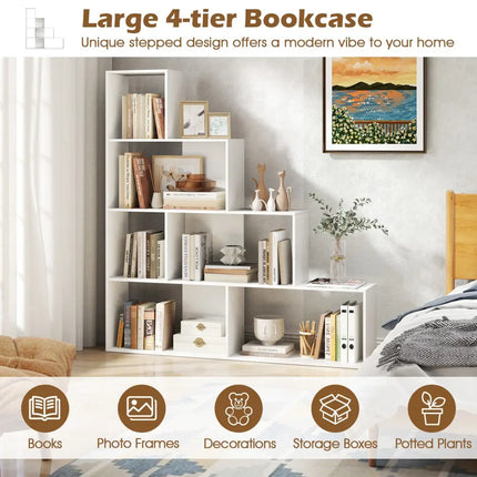 4-Tier Bookshelf Stair Bookcase with 6 Cubes Display Rack-White - White - Bookcases