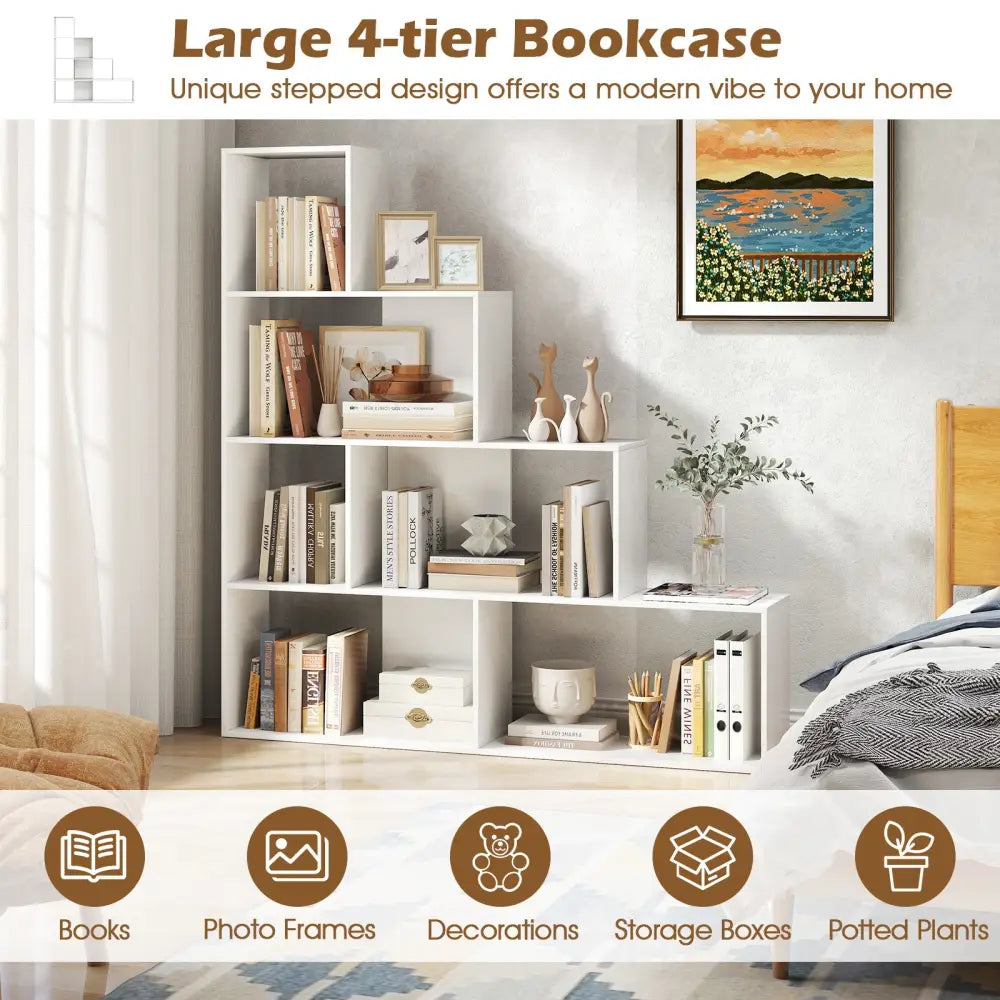 4-Tier Bookshelf Stair Bookcase with 6 Cubes Display Rack-White - White - Bookcases