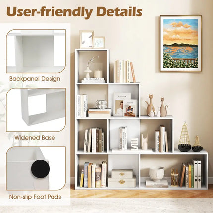 4-Tier Bookshelf Stair Bookcase with 6 Cubes Display Rack-White - White - Bookcases