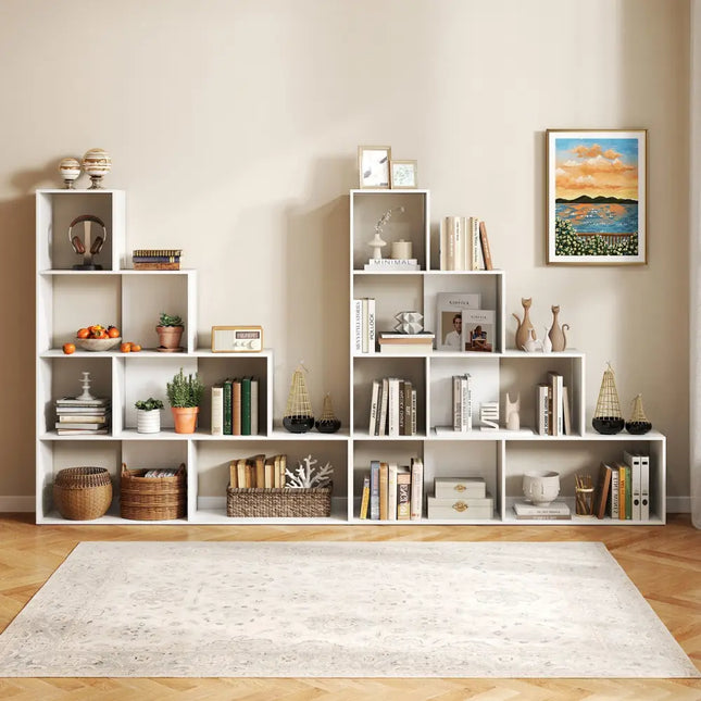 4-Tier Bookshelf Stair Bookcase with 6 Cubes Display Rack-White - White - Bookcases