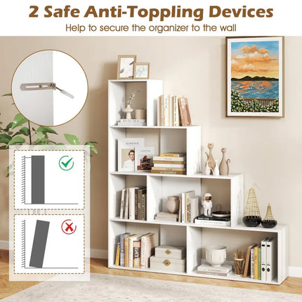 4-Tier Bookshelf Stair Bookcase with 6 Cubes Display Rack-White - White - Bookcases