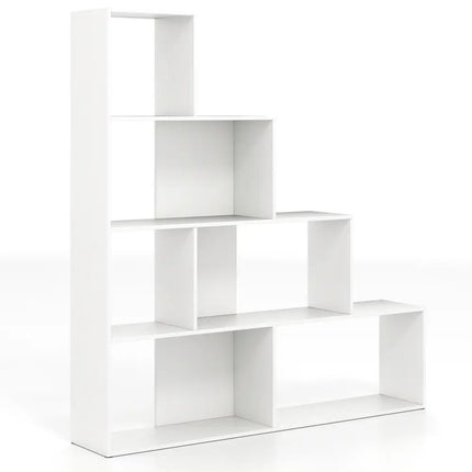 4-Tier Bookshelf Stair Bookcase with 6 Cubes Display Rack-White - White - Bookcases