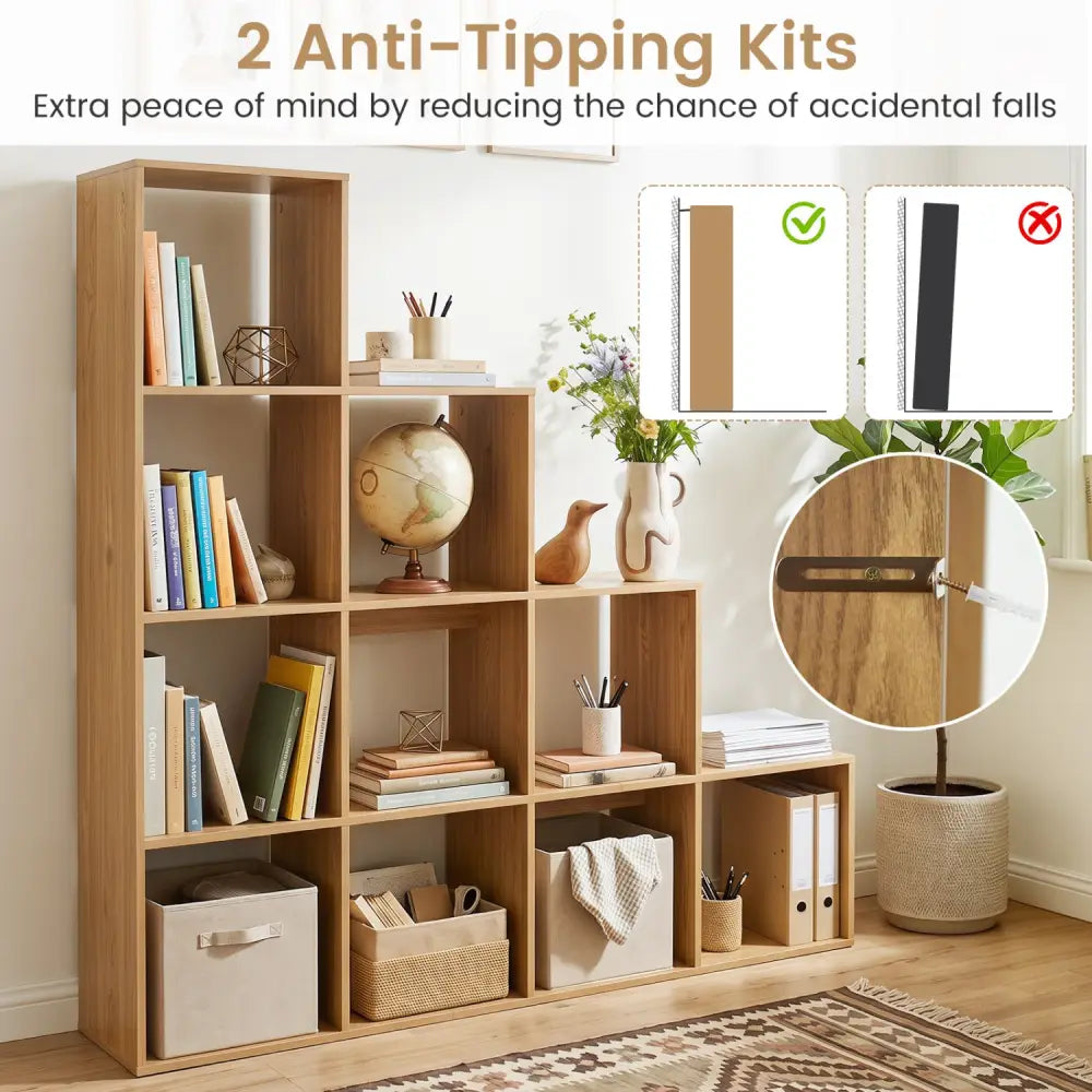 4-Tier Bookshelf with 2 Anti-Tipping Kits for Home Office-Natrual - Natural - Bookcases