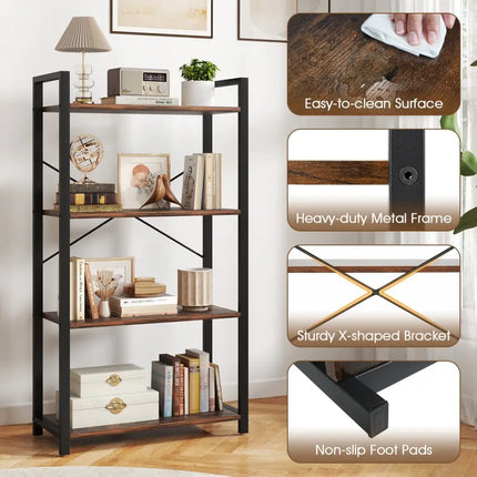 4-Tier Bookshelf with Heavy Duty Metal Frame Industrial Display Shelf-Rustic Brown Costway