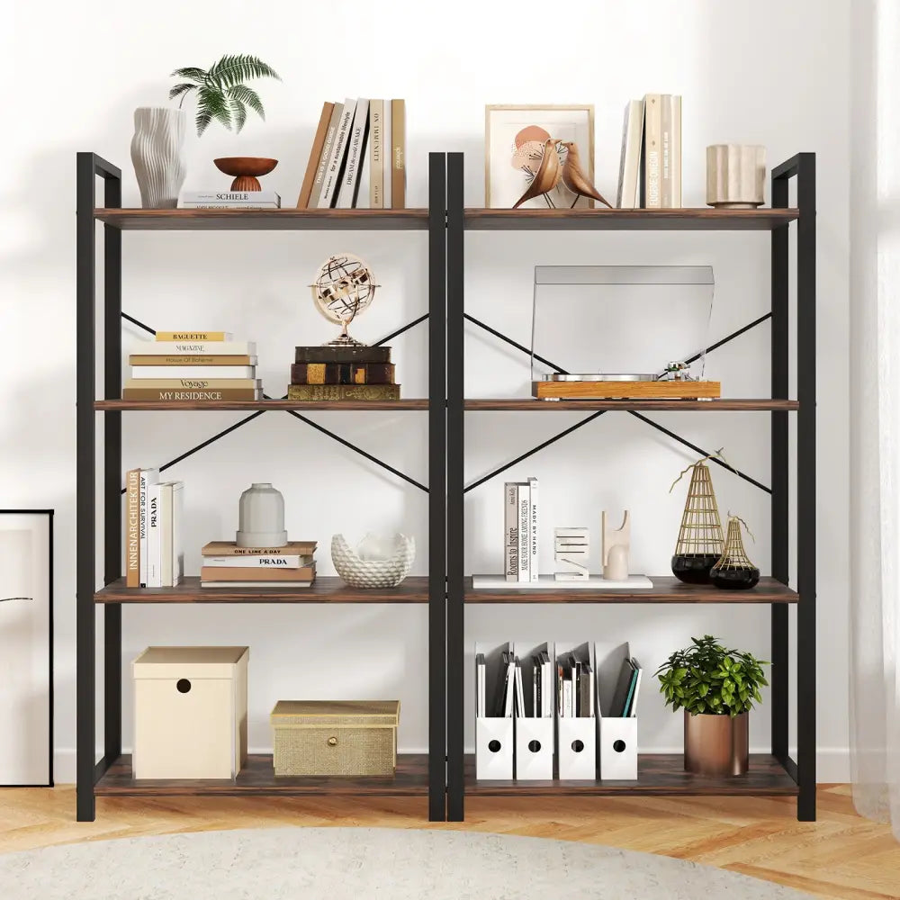 4-Tier Bookshelf with Heavy Duty Metal Frame Industrial Display Shelf-Rustic Brown - Rustic Brown - Bookcases
