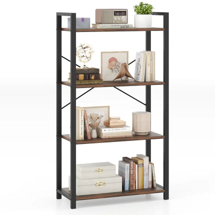 4-Tier Bookshelf with Heavy Duty Metal Frame Industrial Display Shelf-Rustic Brown Costway