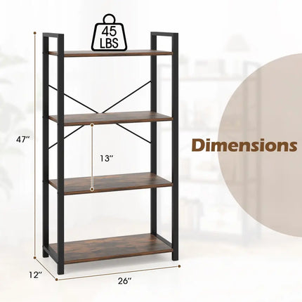 4-Tier Bookshelf with Heavy Duty Metal Frame Industrial Display Shelf-Rustic Brown Costway