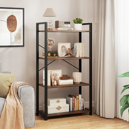 4-Tier Bookshelf with Heavy Duty Metal Frame Industrial Display Shelf-Rustic Brown Costway