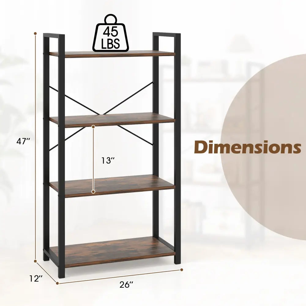 4-Tier Bookshelf with Heavy Duty Metal Frame Industrial Display Shelf-Rustic Brown - Rustic Brown - Bookcases