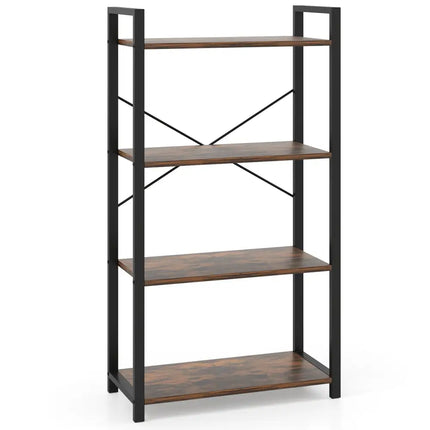 4-Tier Bookshelf with Heavy Duty Metal Frame Industrial Display Shelf-Rustic Brown Costway