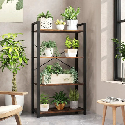 4-Tier Bookshelf with Heavy Duty Metal Frame Industrial Display Shelf-Rustic Brown Costway