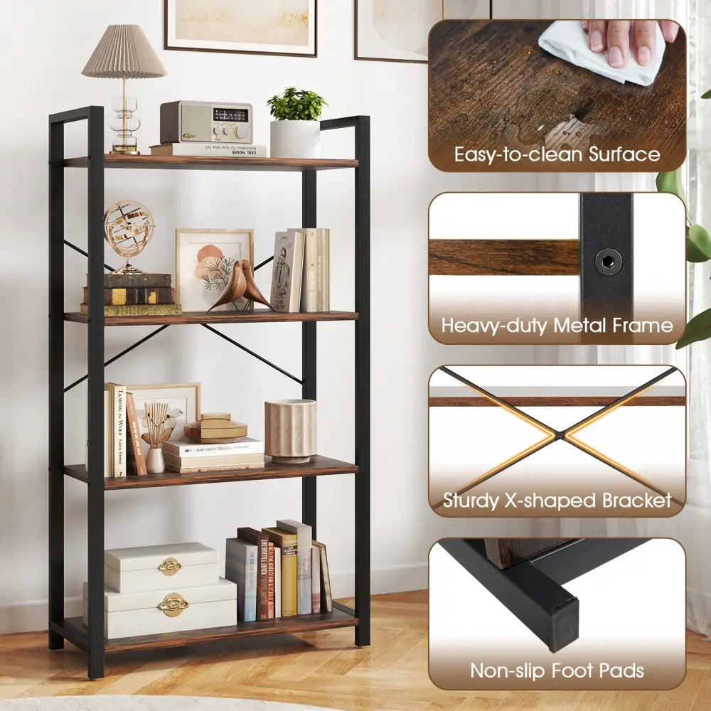 4-Tier Bookshelf with Heavy Duty Metal Frame Industrial Display Shelf-Rustic Brown - Rustic Brown - Bookcases