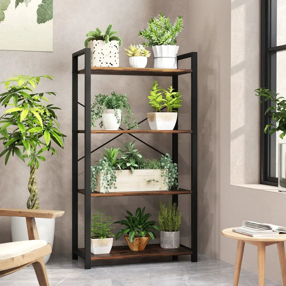 4-Tier Bookshelf with Heavy Duty Metal Frame Industrial Display Shelf-Rustic Brown - Rustic Brown - Bookcases