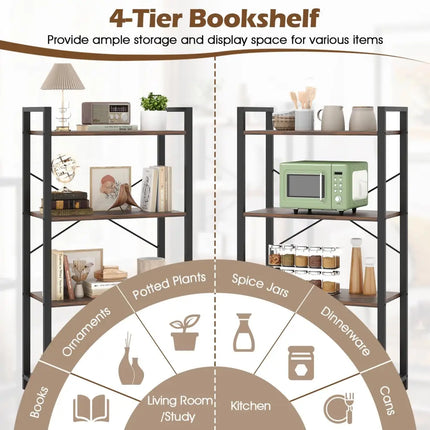 4-Tier Bookshelf with Heavy Duty Metal Frame Industrial Display Shelf-Rustic Brown Costway