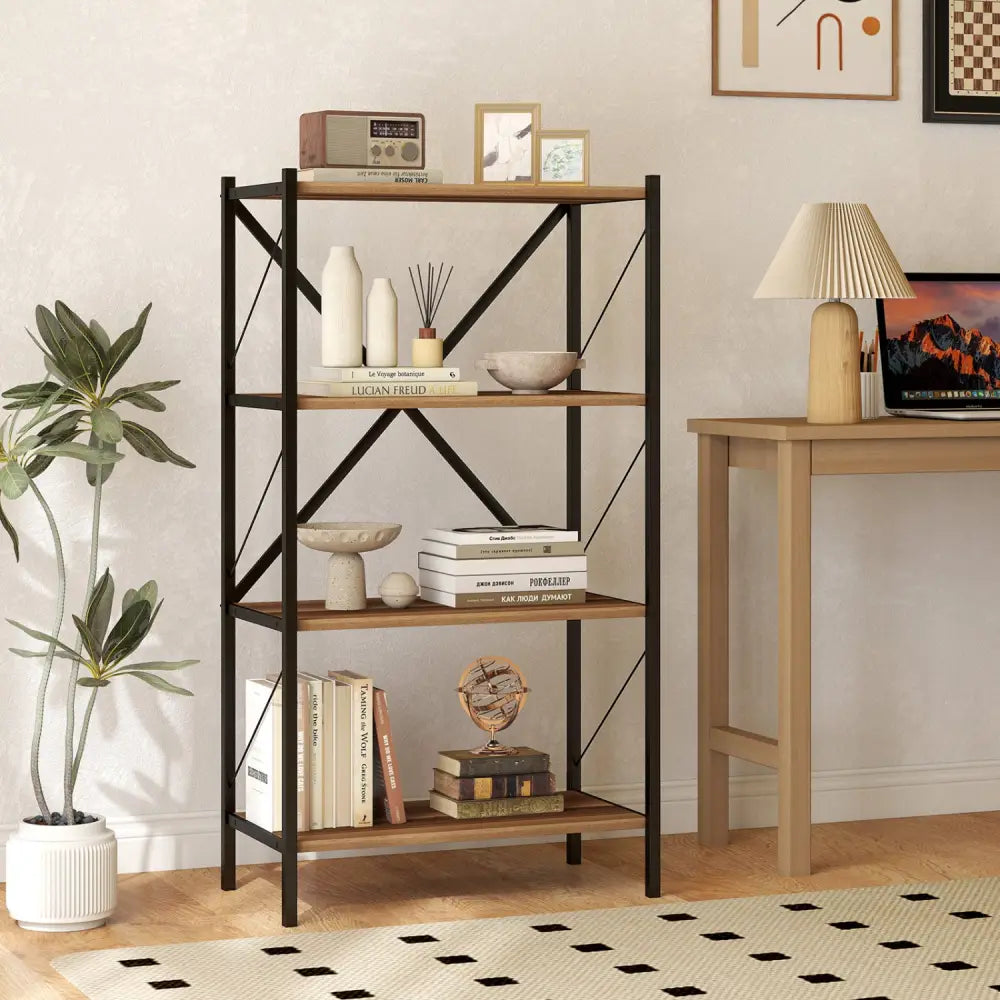 4-Tier Bookshelf with Heavy-Duty Metal Frame-Walnut - Walnut - Bookcases