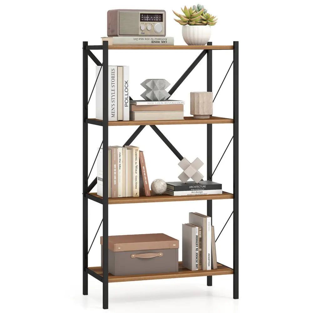 4-Tier Bookshelf with Heavy-Duty Metal Frame-Walnut - Walnut - Bookcases