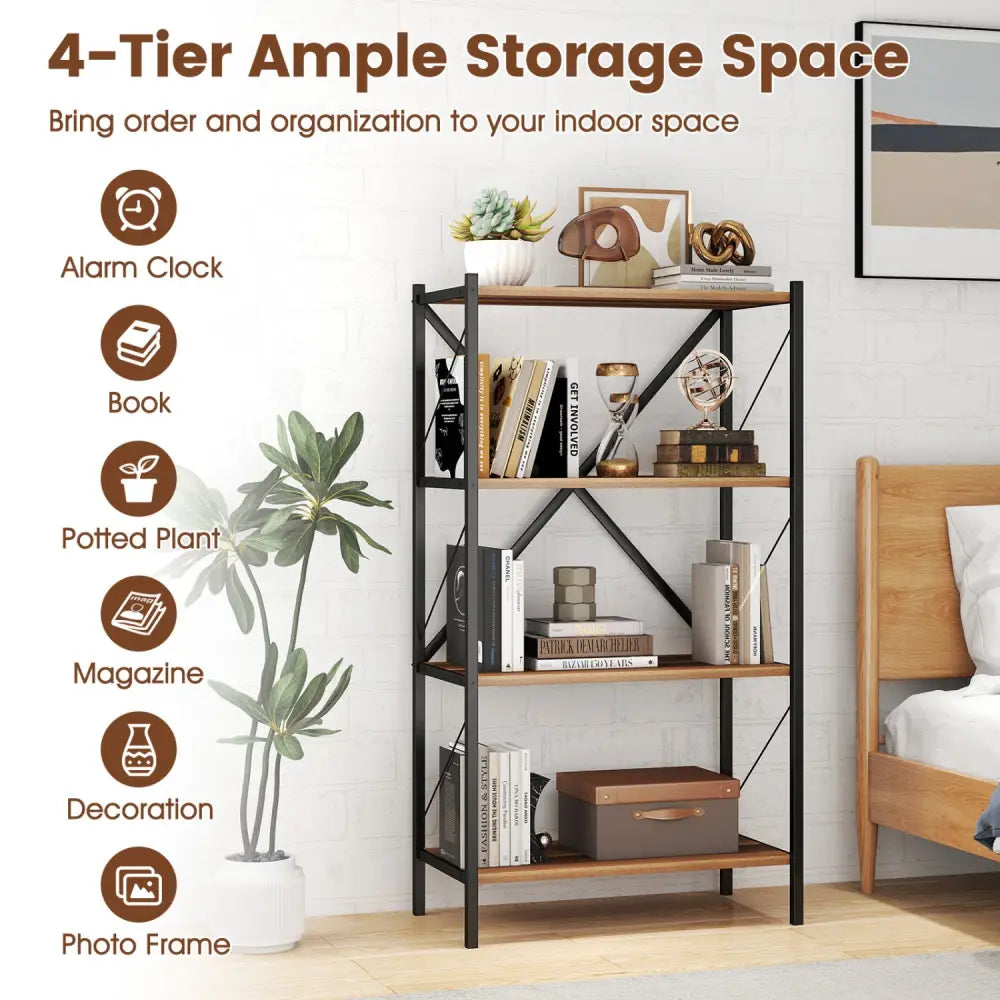 4-Tier Bookshelf with Heavy-Duty Metal Frame-Walnut - Walnut - Bookcases
