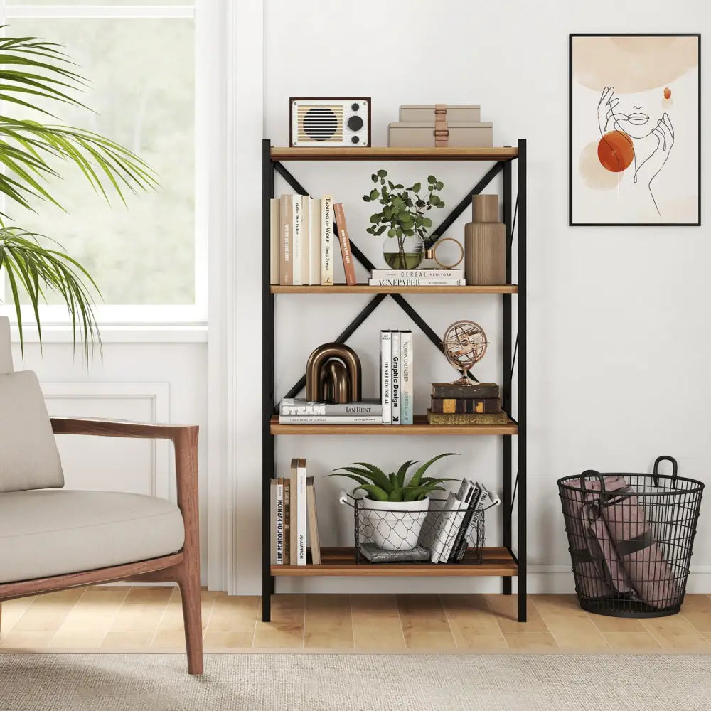 4-Tier Bookshelf with Heavy-Duty Metal Frame-Walnut - Walnut - Bookcases