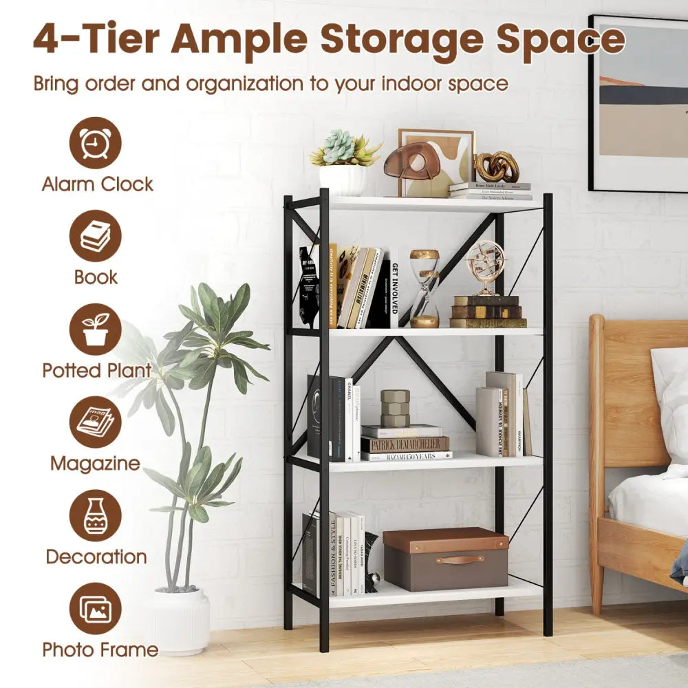 4-Tier Bookshelf with Heavy-Duty Metal Frame-White - White - Bookcases