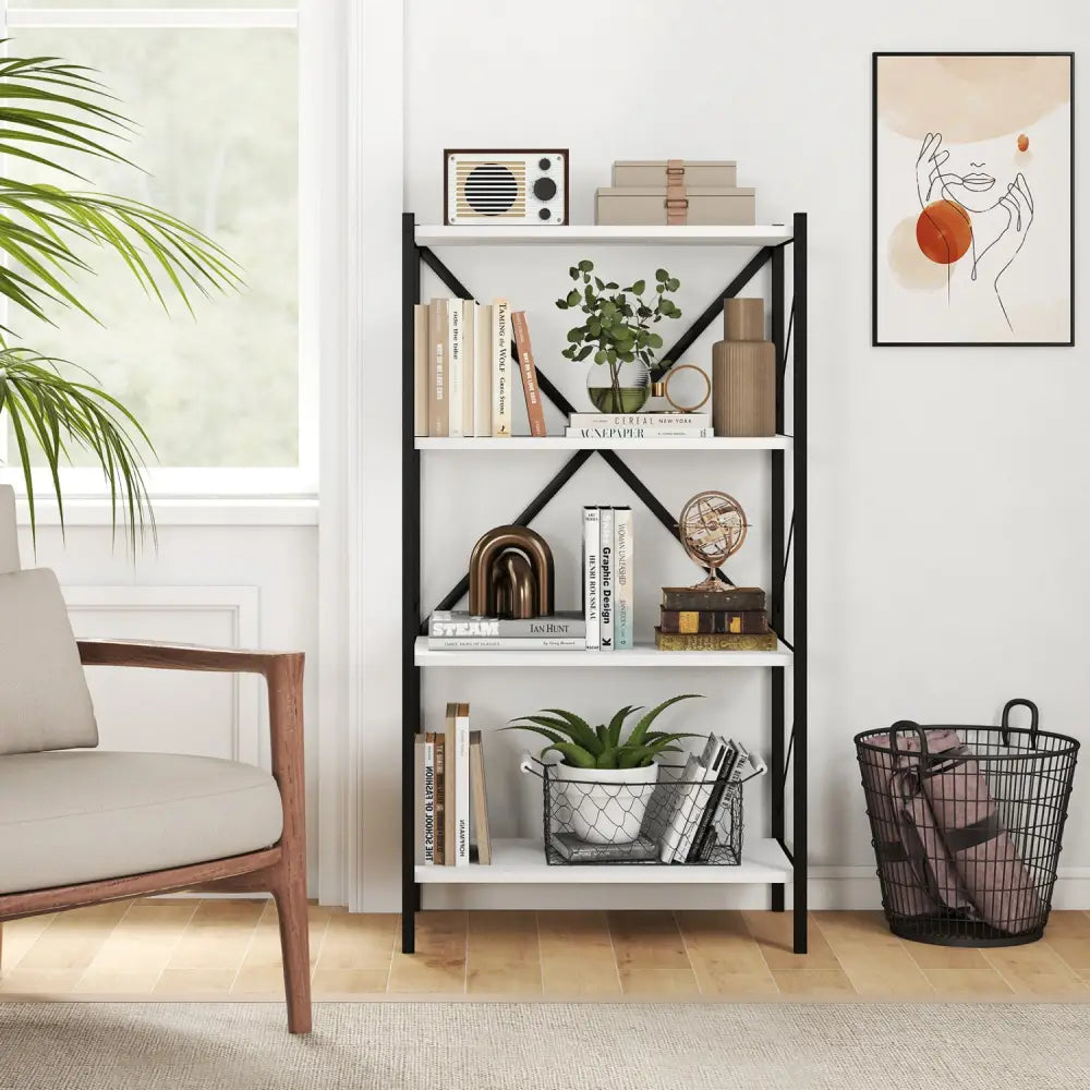 4-Tier Bookshelf with Heavy-Duty Metal Frame-White - White - Bookcases