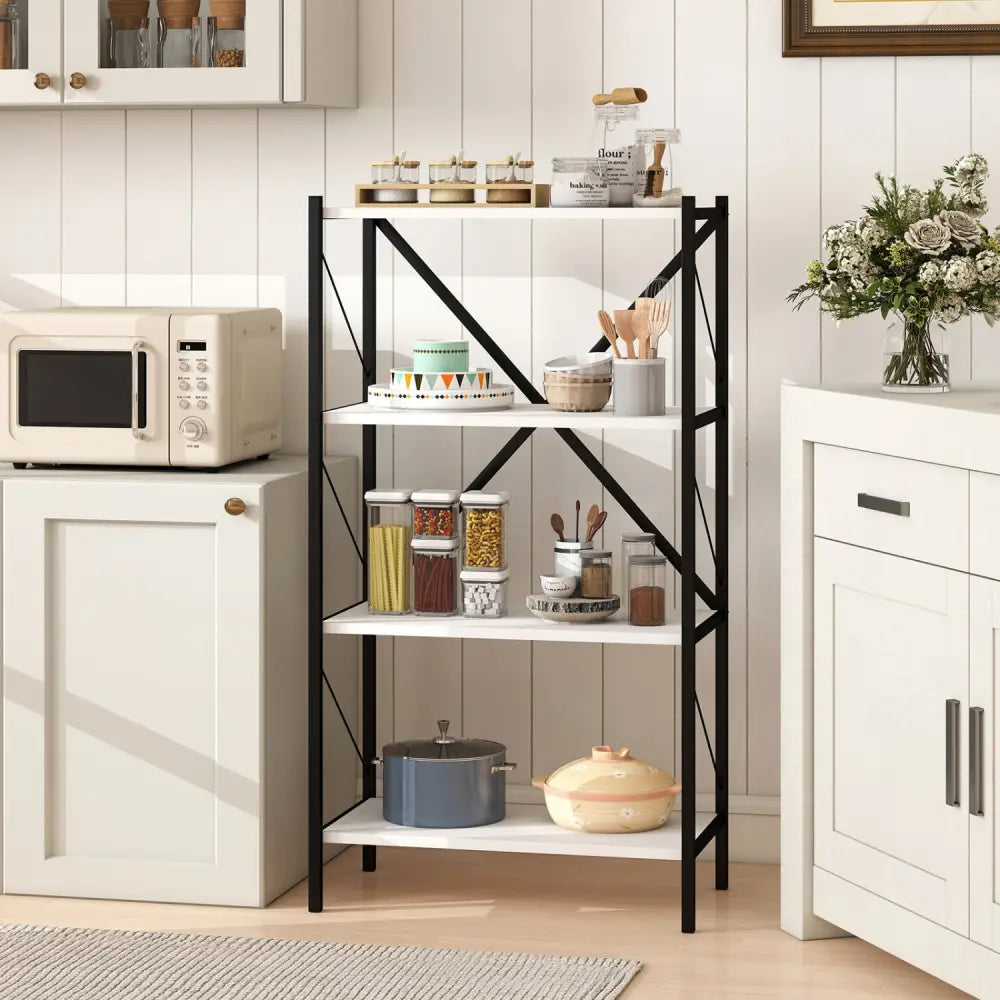 4-Tier Bookshelf with Heavy-Duty Metal Frame-White - White - Bookcases