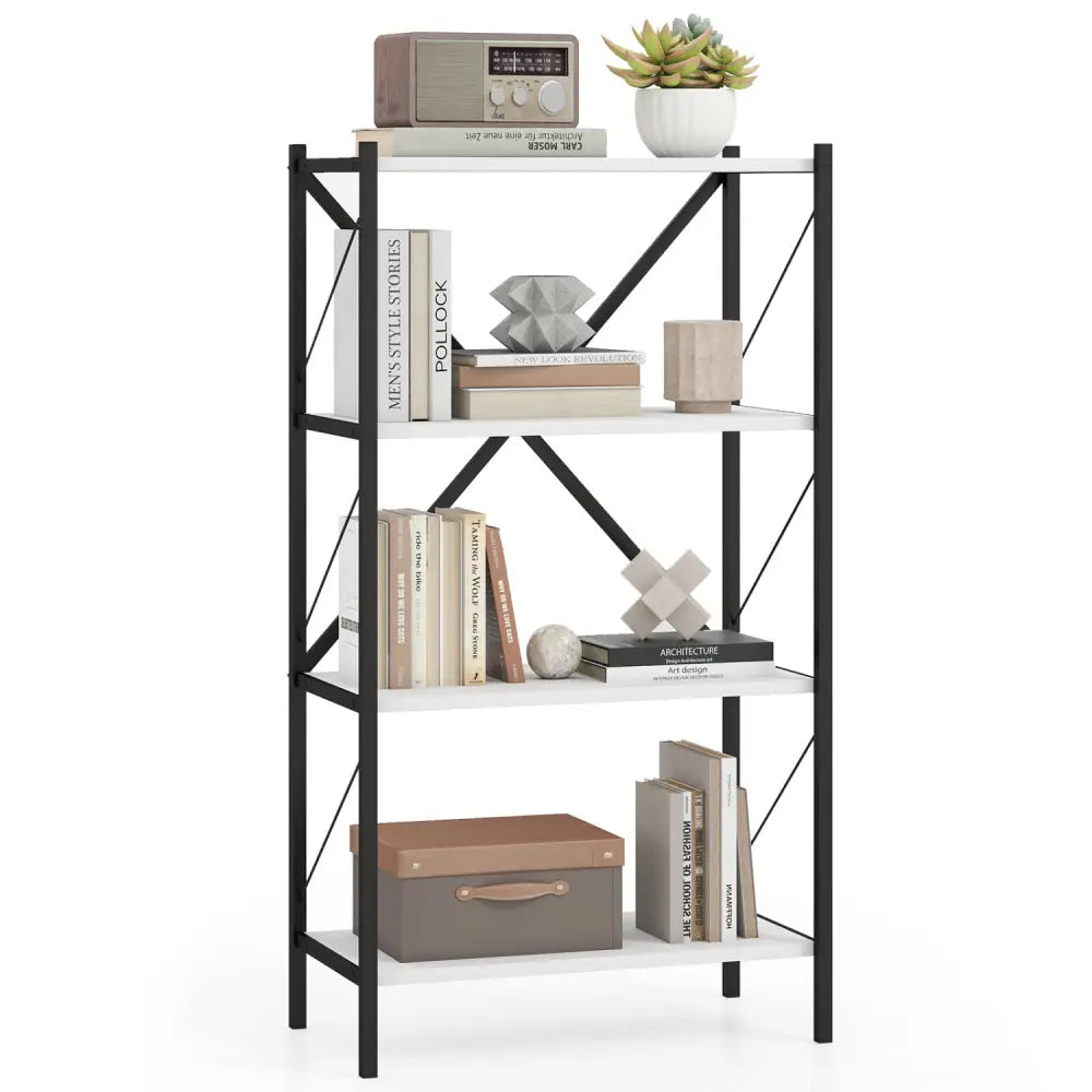 4-Tier Bookshelf with Heavy-Duty Metal Frame-White - White - Bookcases