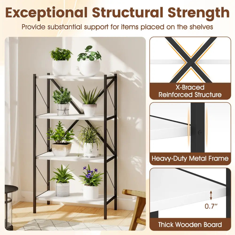 4-Tier Bookshelf with Heavy-Duty Metal Frame-White - White - Bookcases