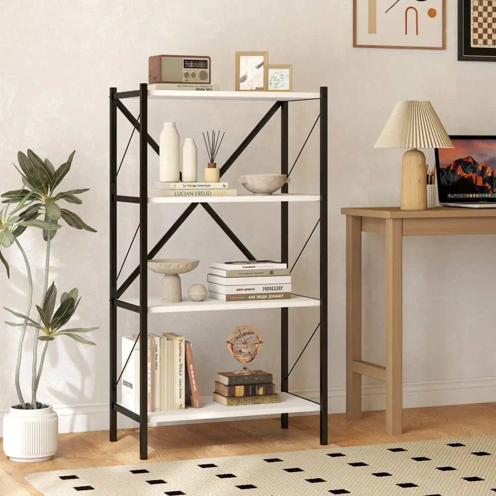 4-Tier Bookshelf with Heavy-Duty Metal Frame-White - White - Bookcases