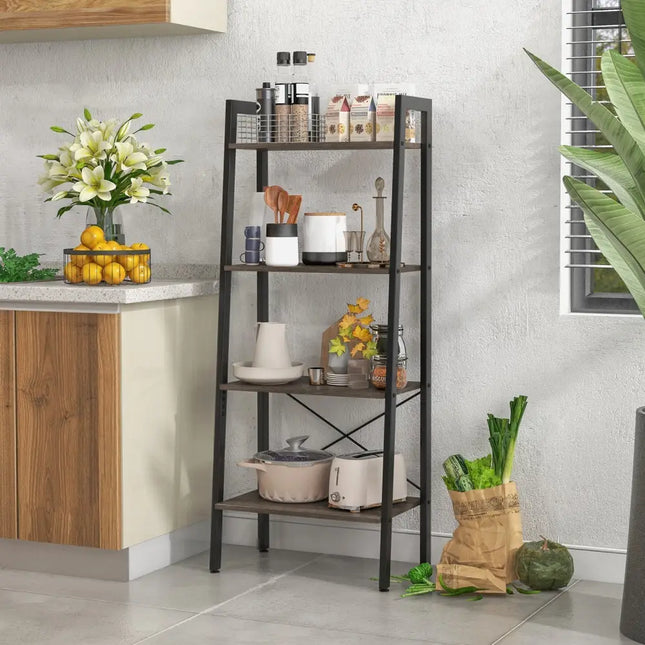 4-Tier Bookshelf with Metal Frame and Adjustable Foot Pads-Oak Costway