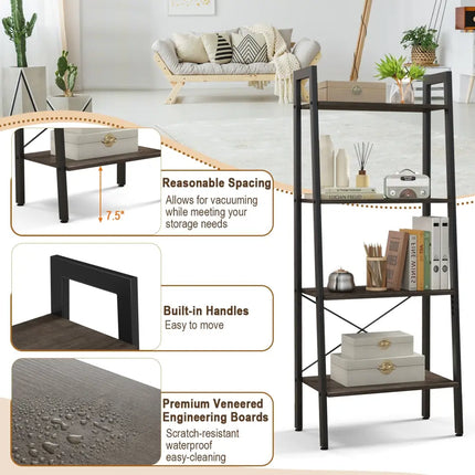 4-Tier Bookshelf with Metal Frame and Adjustable Foot Pads-Oak Costway