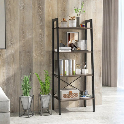 4-Tier Bookshelf with Metal Frame and Adjustable Foot Pads-Oak Costway