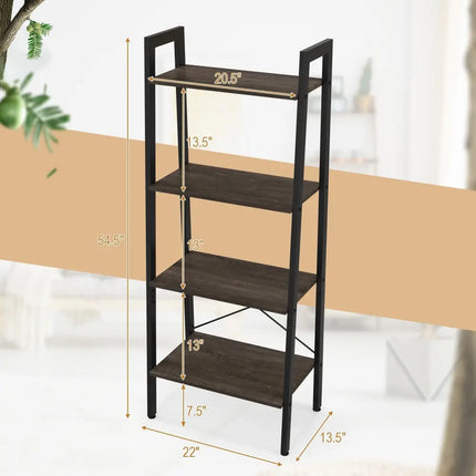 4-Tier Bookshelf with Metal Frame and Adjustable Foot Pads-Oak Costway