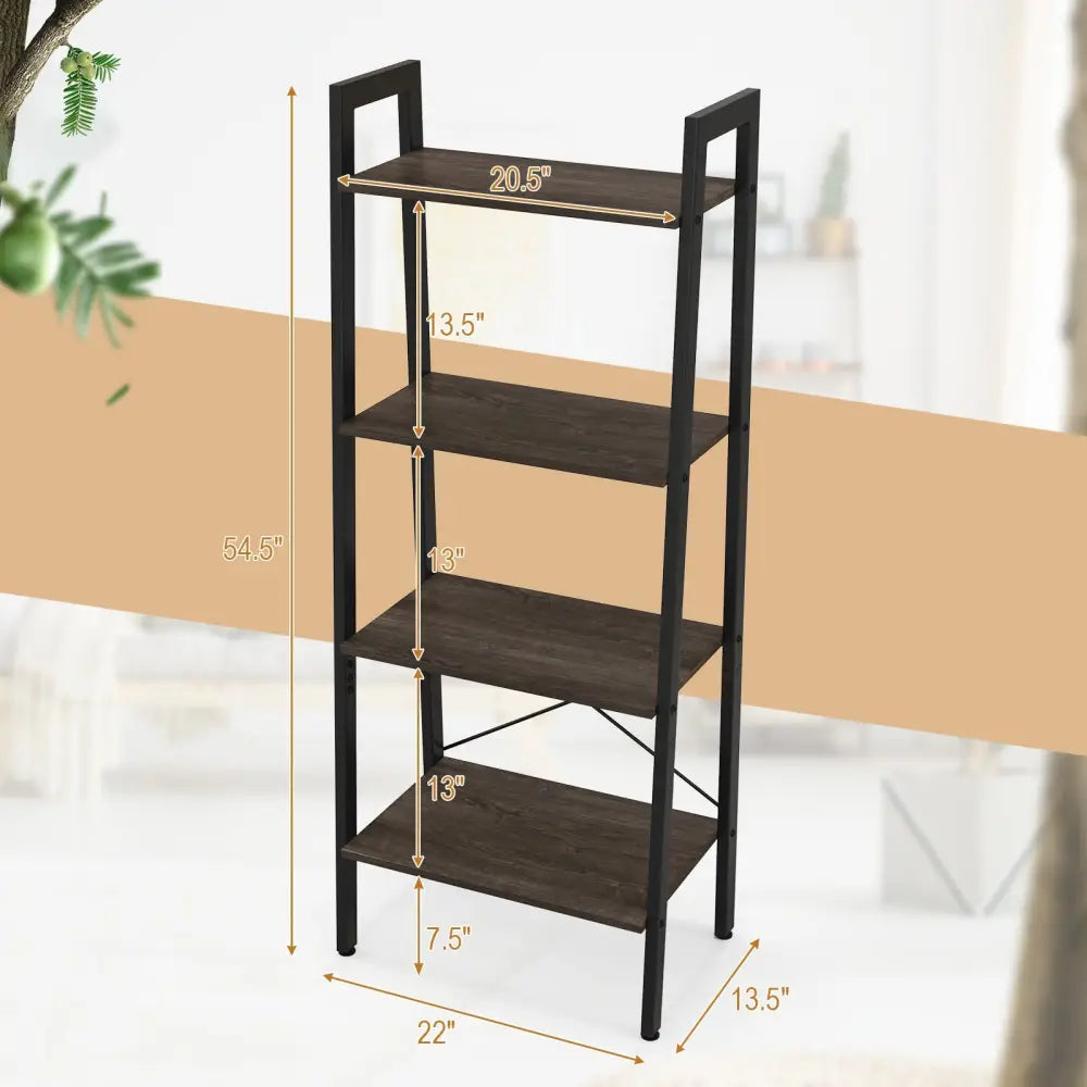 4-Tier Bookshelf with Metal Frame and Adjustable Foot Pads-Oak - Oak - Bookcases