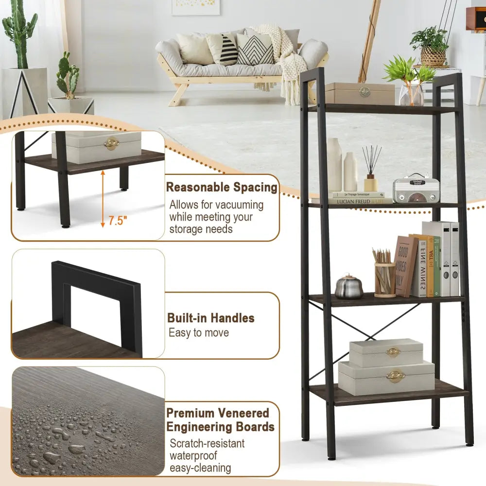 4-Tier Bookshelf with Metal Frame and Adjustable Foot Pads-Oak - Oak - Bookcases